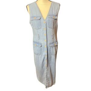 Vtg 90s Bill Blass Demin Button Up Jean Maxi Sleeveless Dress Sz S/M